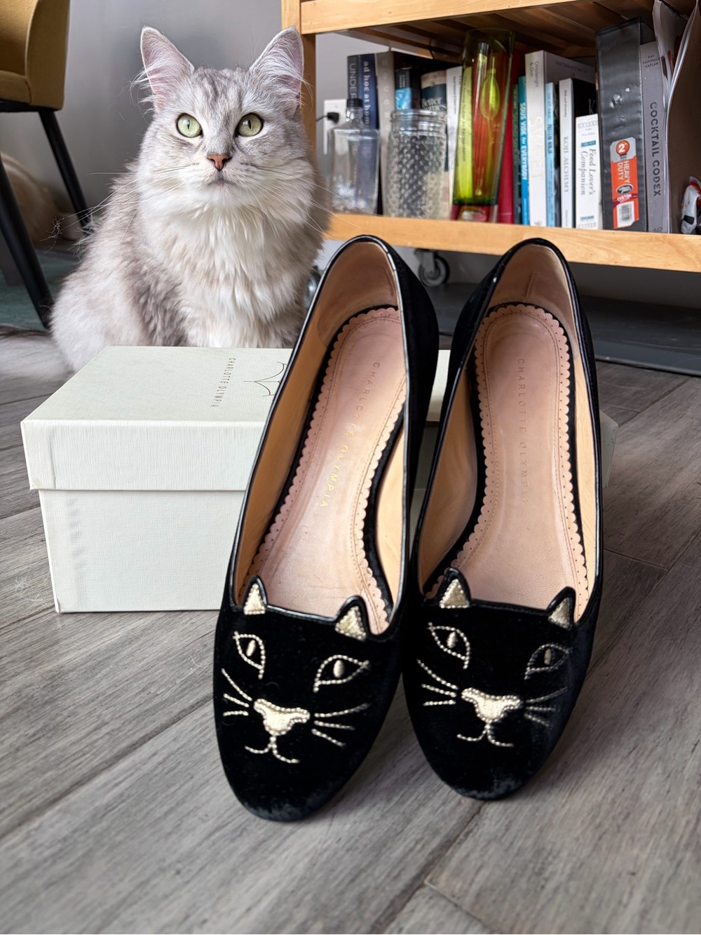 Charlotte Olympia Black Velvet Kitty Face Flats with Gold Embroidery